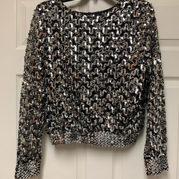 Vtg 80s Black Blouse w/Metallic Silver Sequins, Sz M - Picture 2 of 7